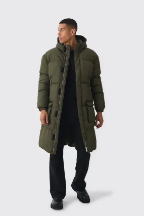 4 Pocket Longline Hooded Puffer In Khaki