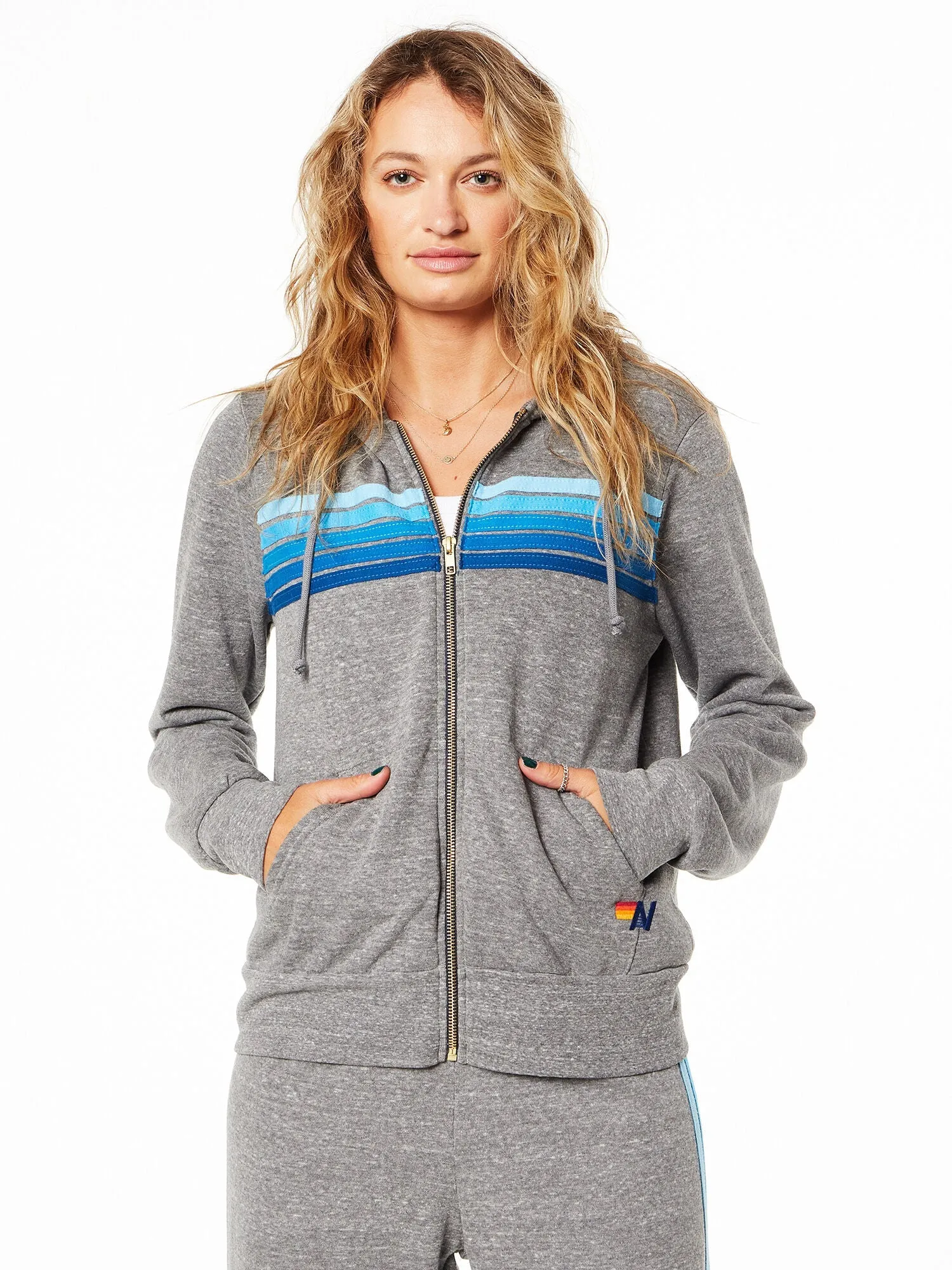 Aviator Nation | 5 Stripe Zip Hoodie | Blue And Grey Stripe