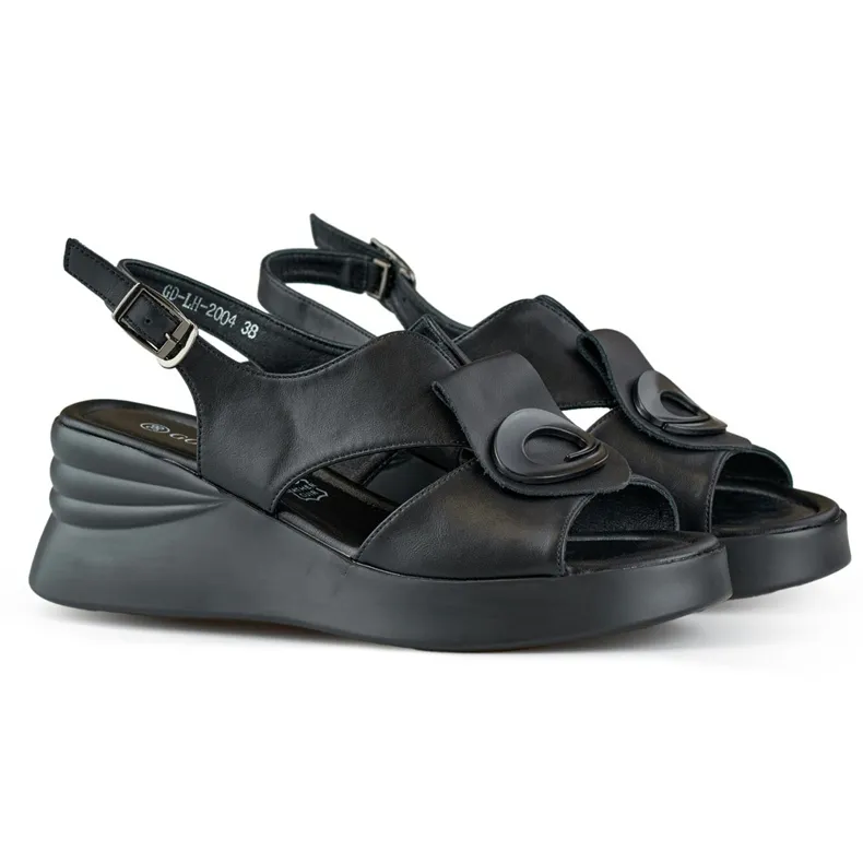 Black comfortable women's natural leather wedge sandals