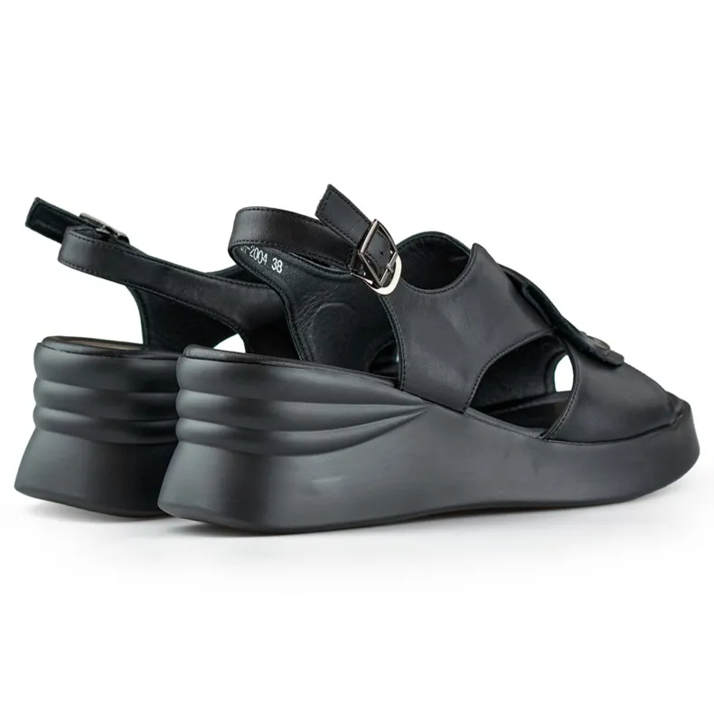 Black comfortable women's natural leather wedge sandals