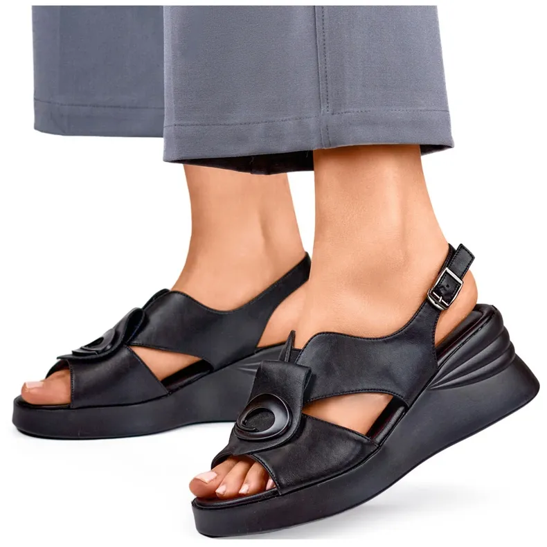 Black comfortable women's natural leather wedge sandals