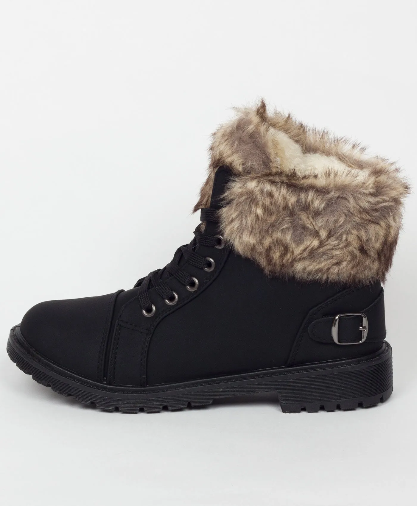 Black Faux Fur Lined Buckle Combat Boots