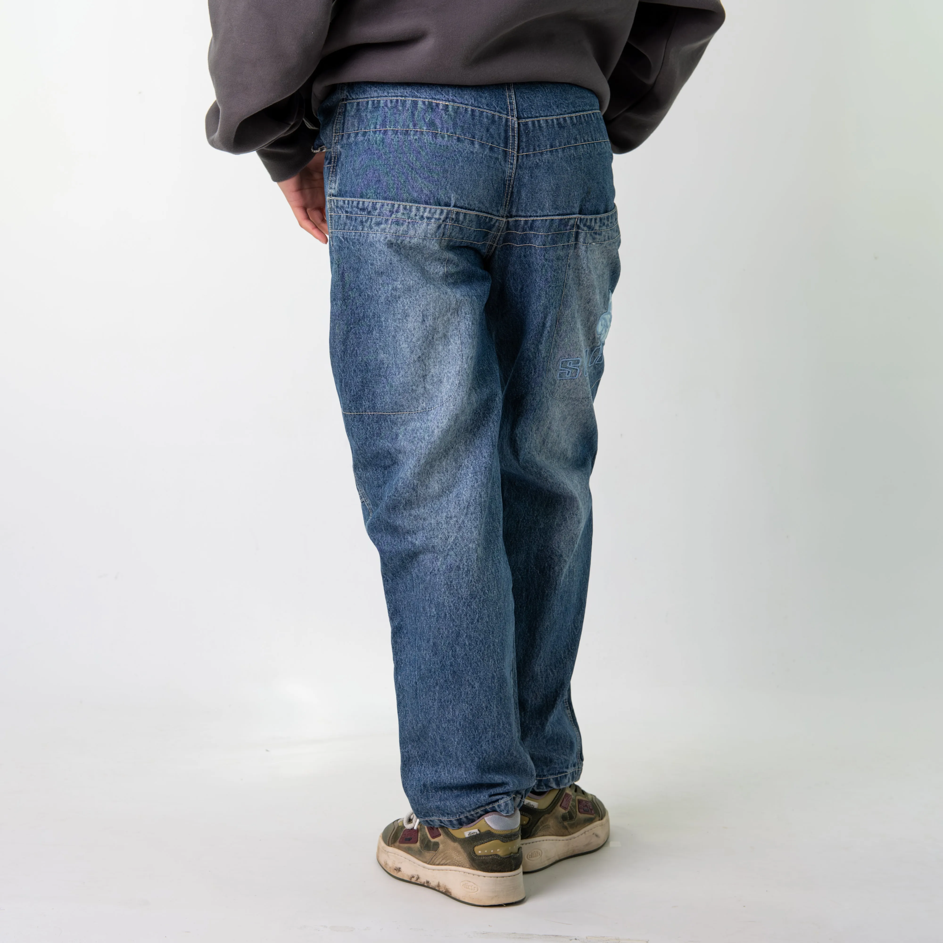 Blue Denim 90s Baggy Hip Hop Fox Racing Cargo Skater Trousers Pants Jeans (30x30)