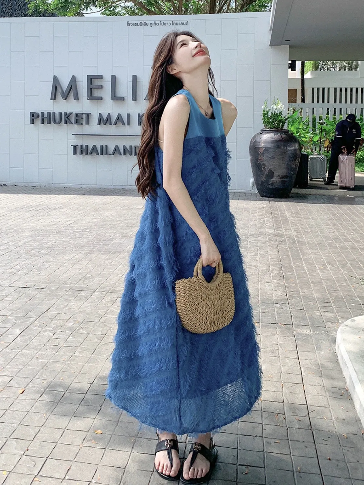 Blue tassel vest dress summer women's 2024 new style playful and cute age-reducing loose mid-length A-line skirt