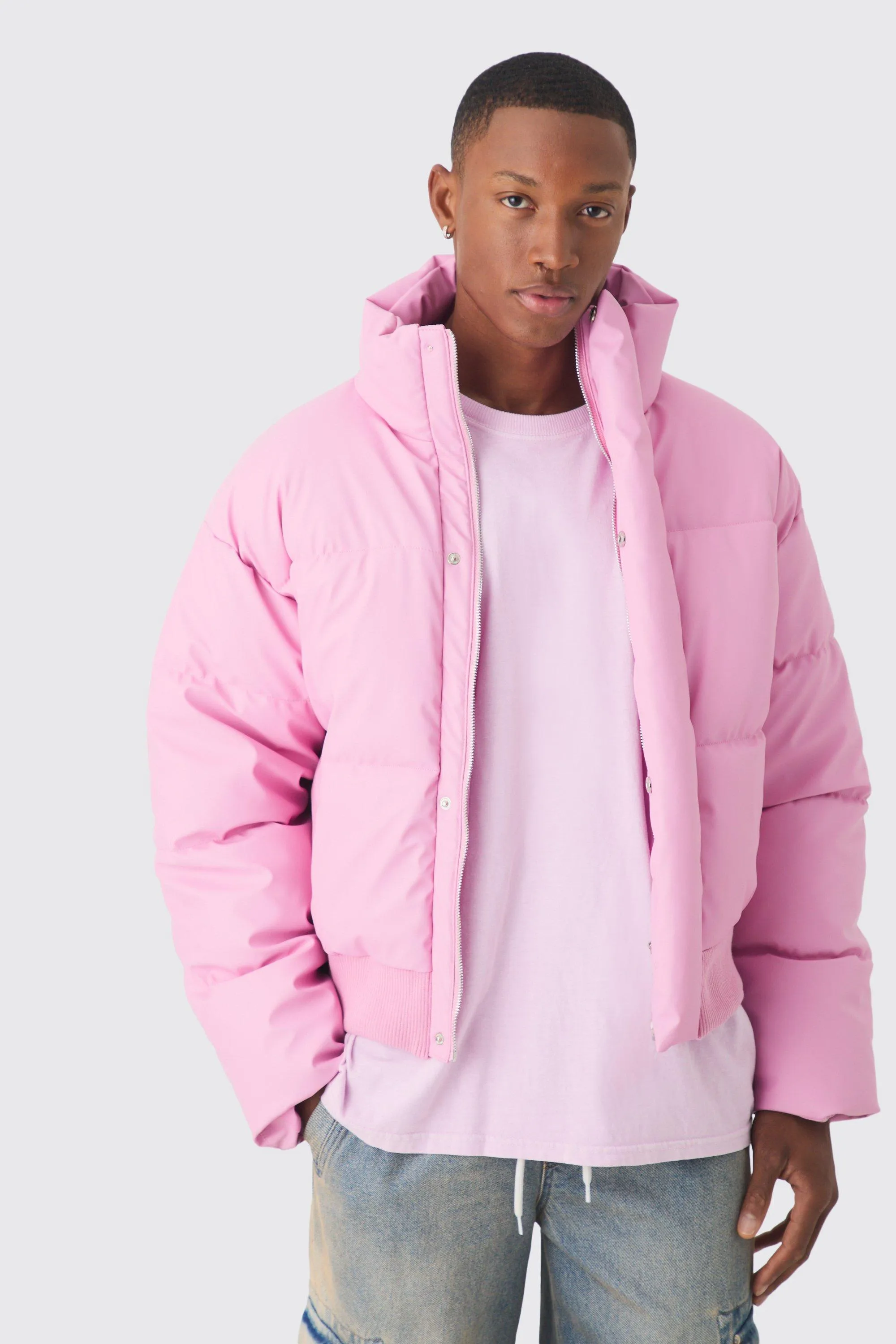 Boxy Matte PU Funnel Neck Puffer In Pink