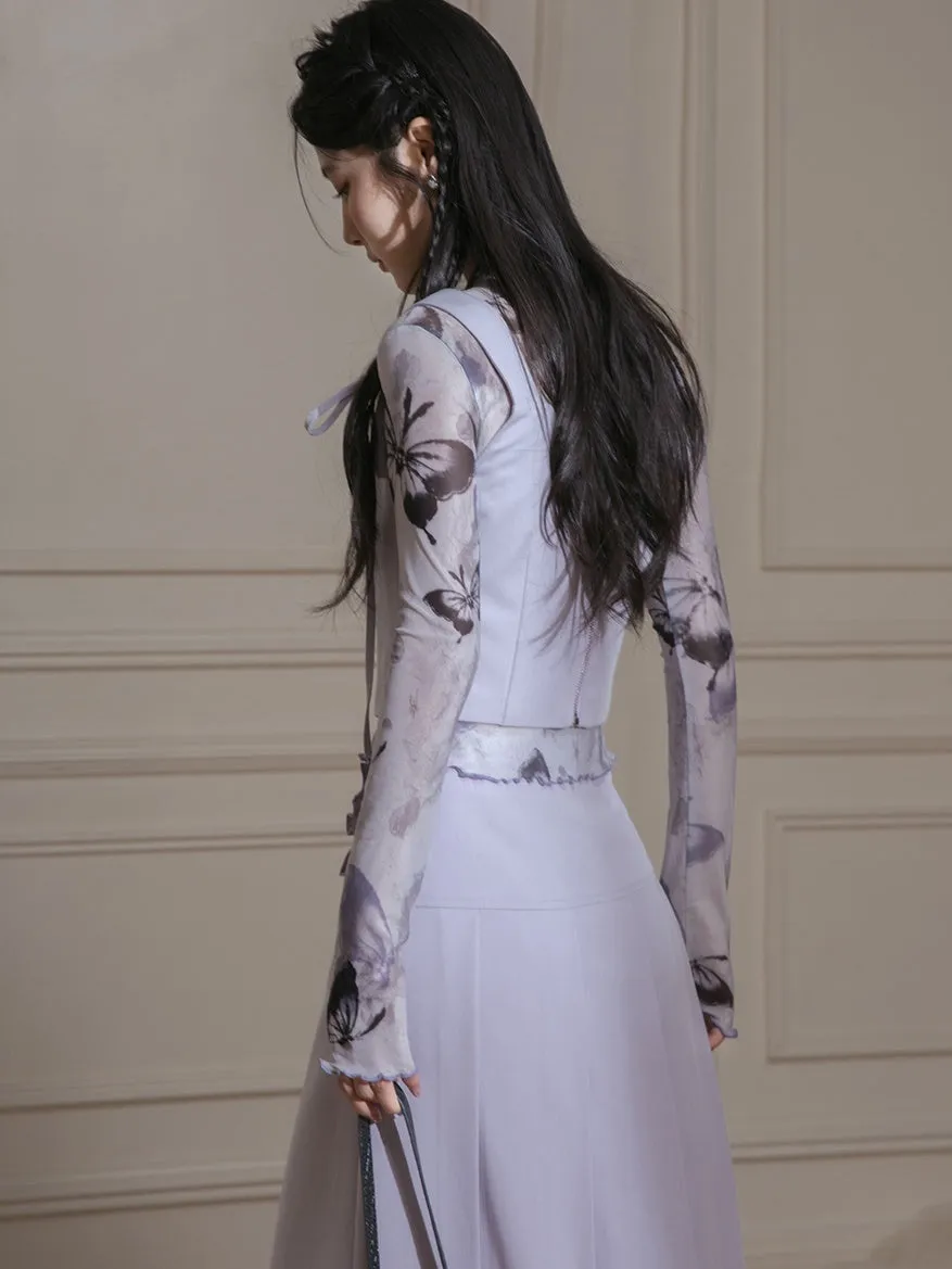 Butterfly Mesh Printed Bottoming Shirt ＋ Vest & Skirt Set-up