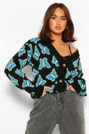 Butterfly Print Crop Cardigan