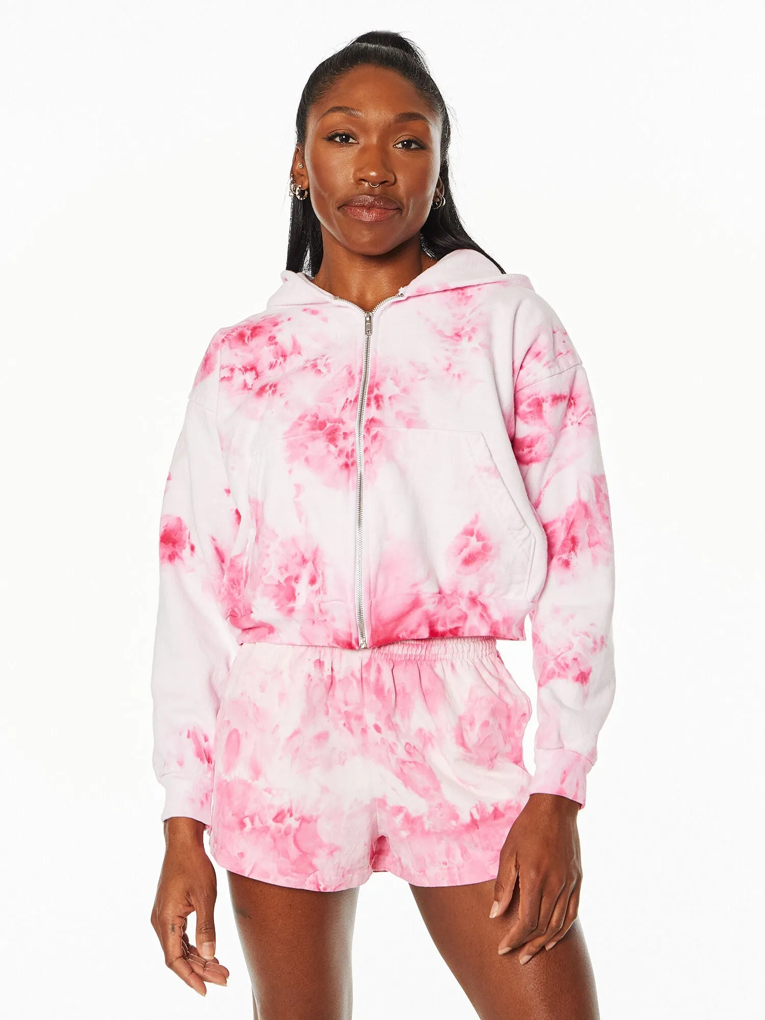 By My Grace | Cropped Zip Up Hoodie | White/Pink