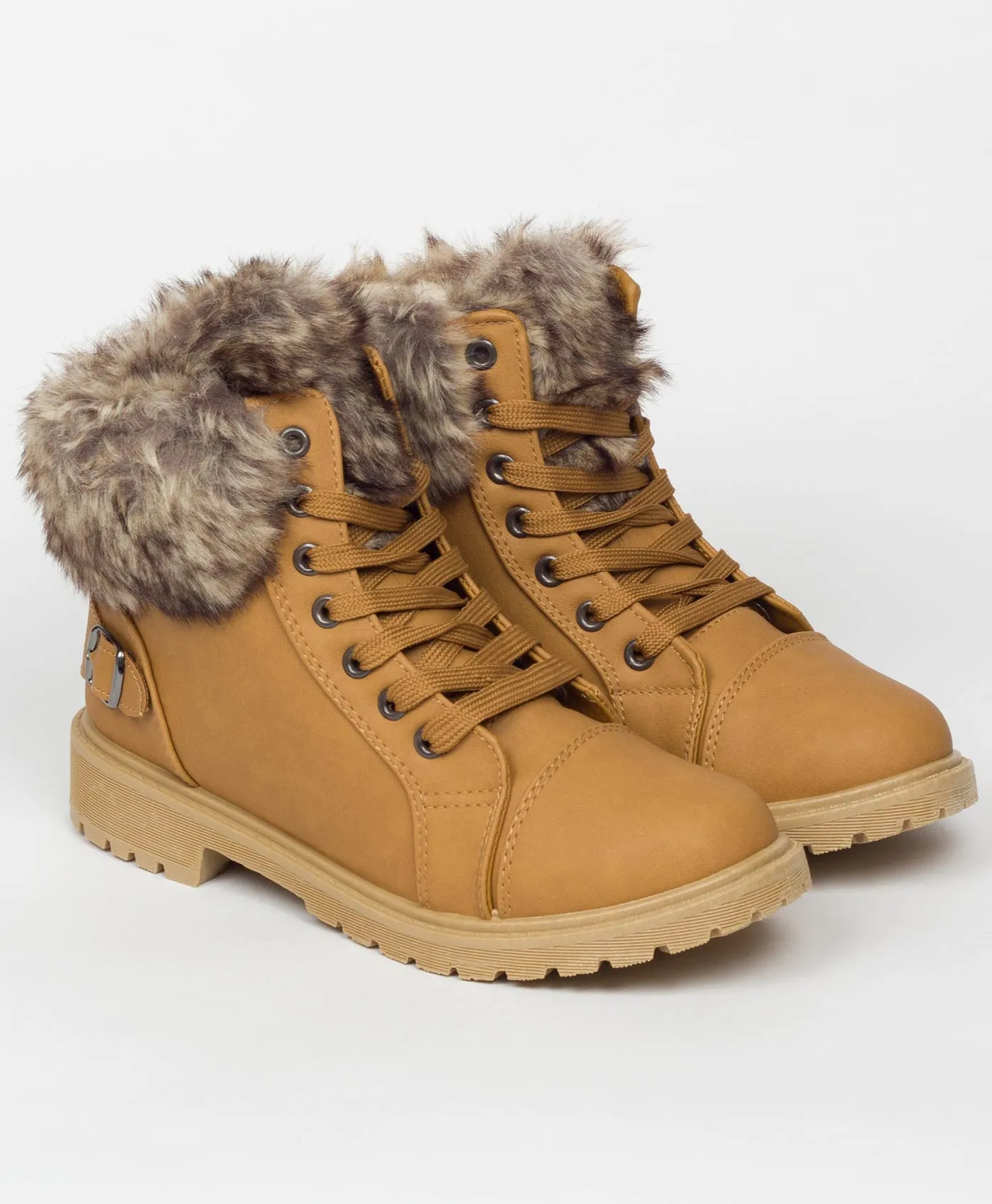 Camel Faux Fur Lined Buckle Combat Boots