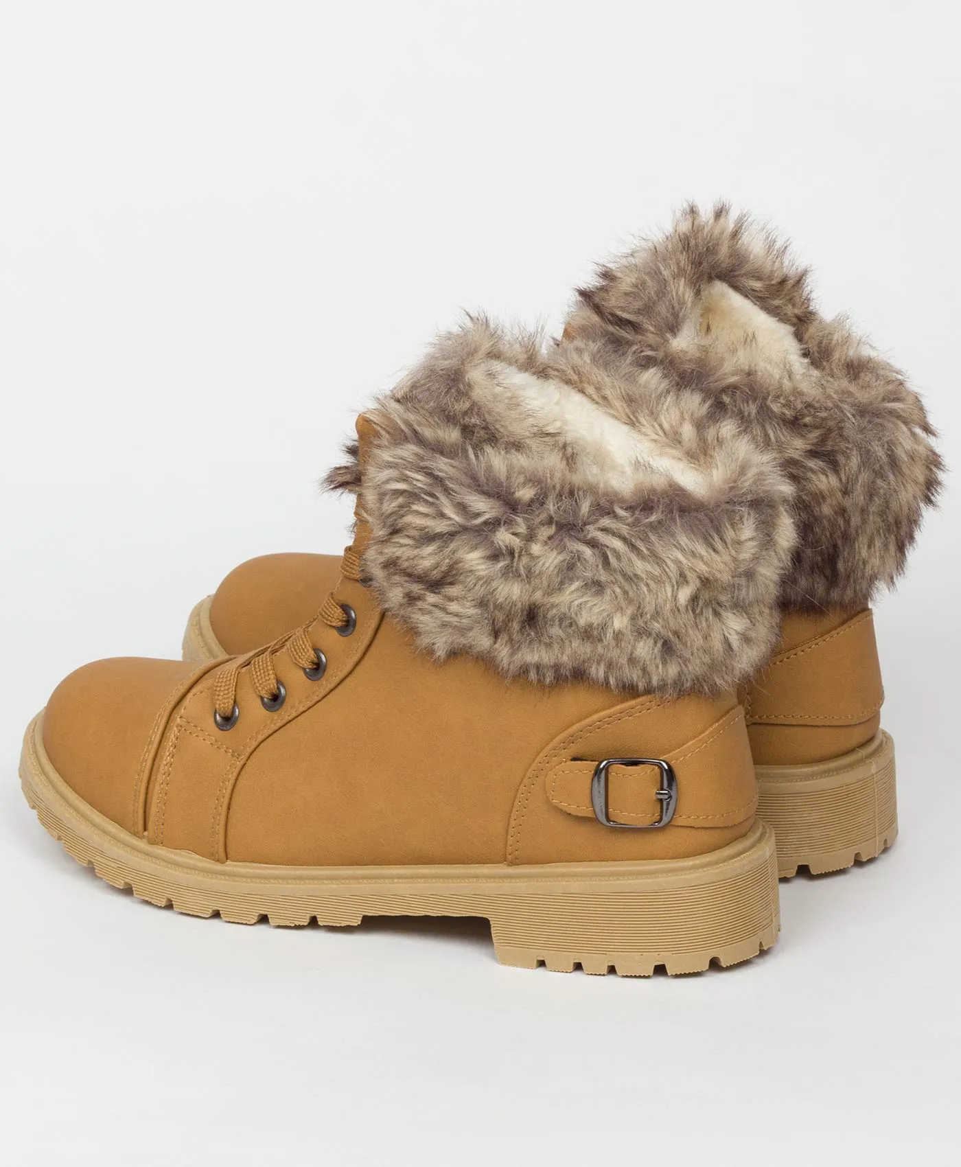 Camel Faux Fur Lined Buckle Combat Boots