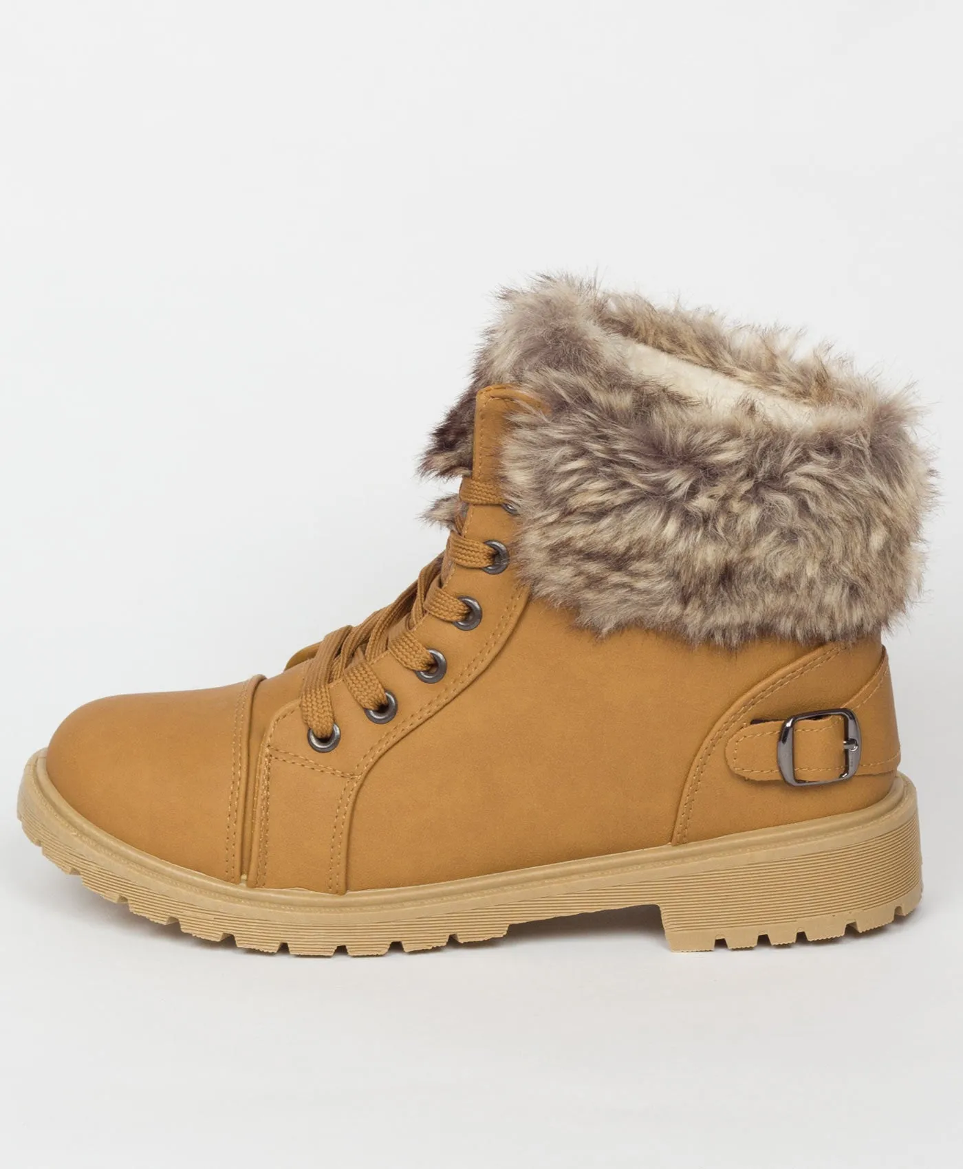 Camel Faux Fur Lined Buckle Combat Boots