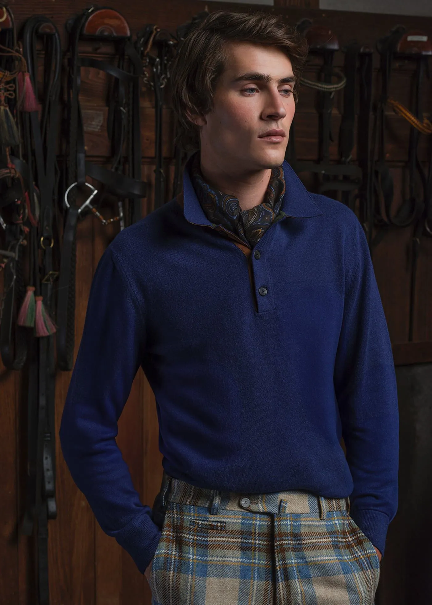 Cashmere Long Sleeve Polo with Suede