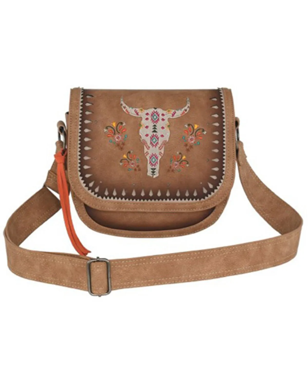 Catchfly Women's Long Horn Skull Embroidered Burnished Crossbody Bag