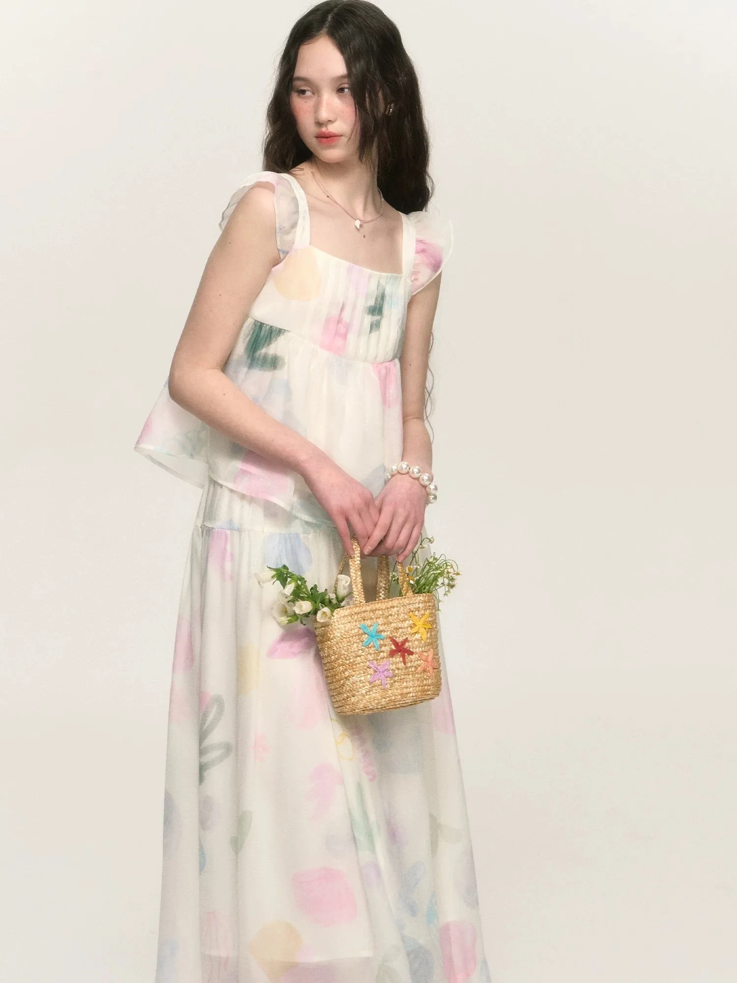 chummygirls x minglu original printed small flying sleeve vest suspender A-line pleated skirt suit