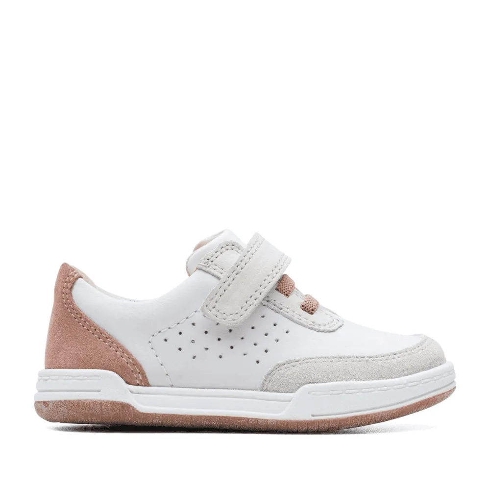 Clarks Girls Fawn Hero White Pink Velcro Trainer