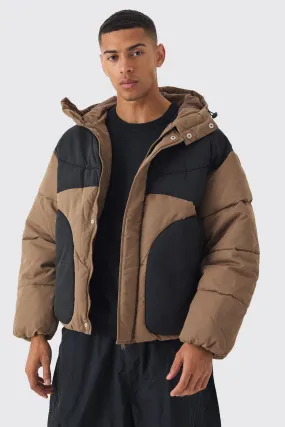 Color Block Quilted Hooded Puffer In Beige