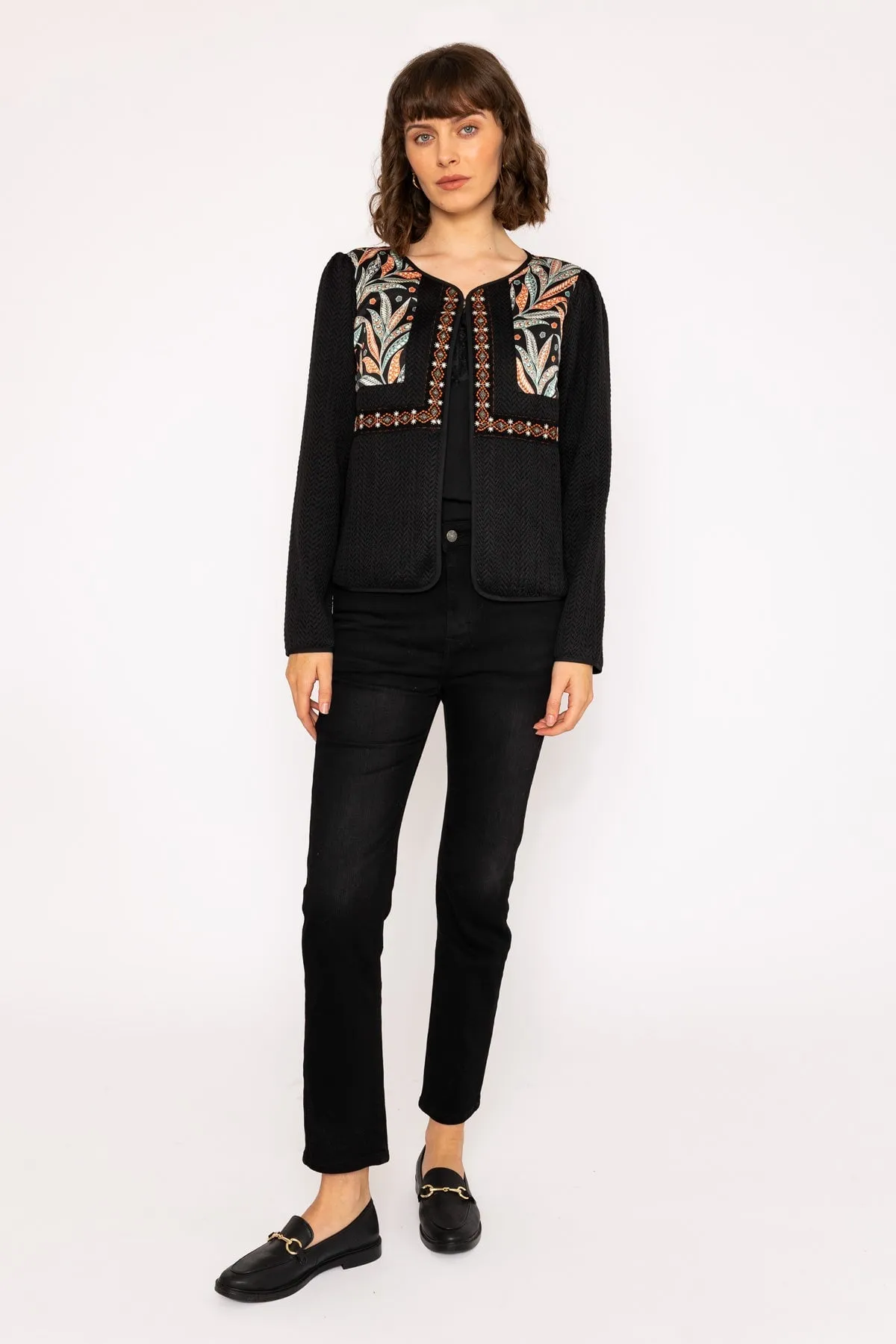 Colourful Print Detail Boho Short Jacket in Black