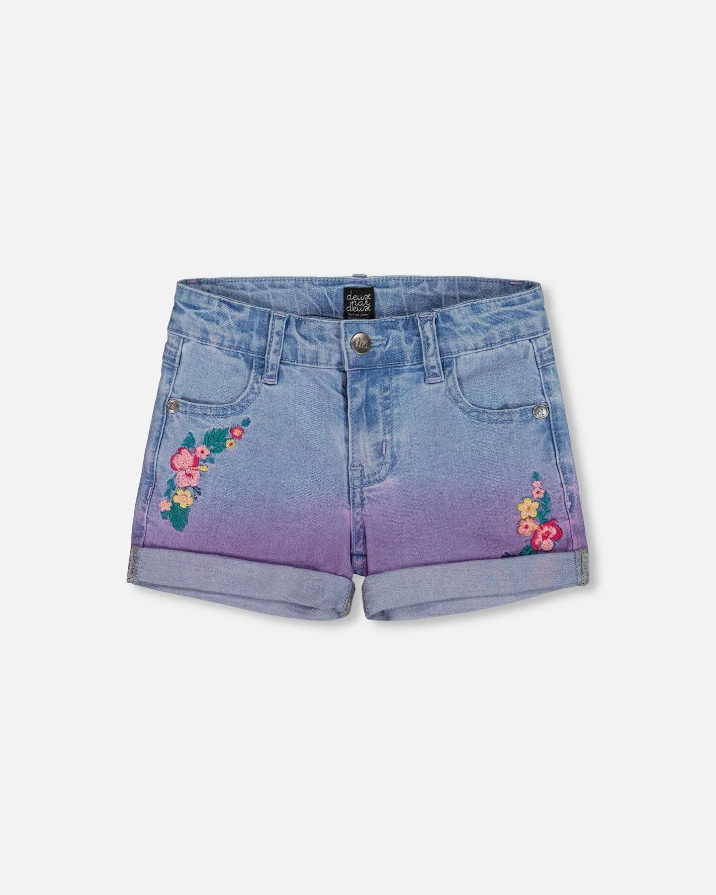 Cuffed Denim Shorts With Embroidery Floral Jeans Blue