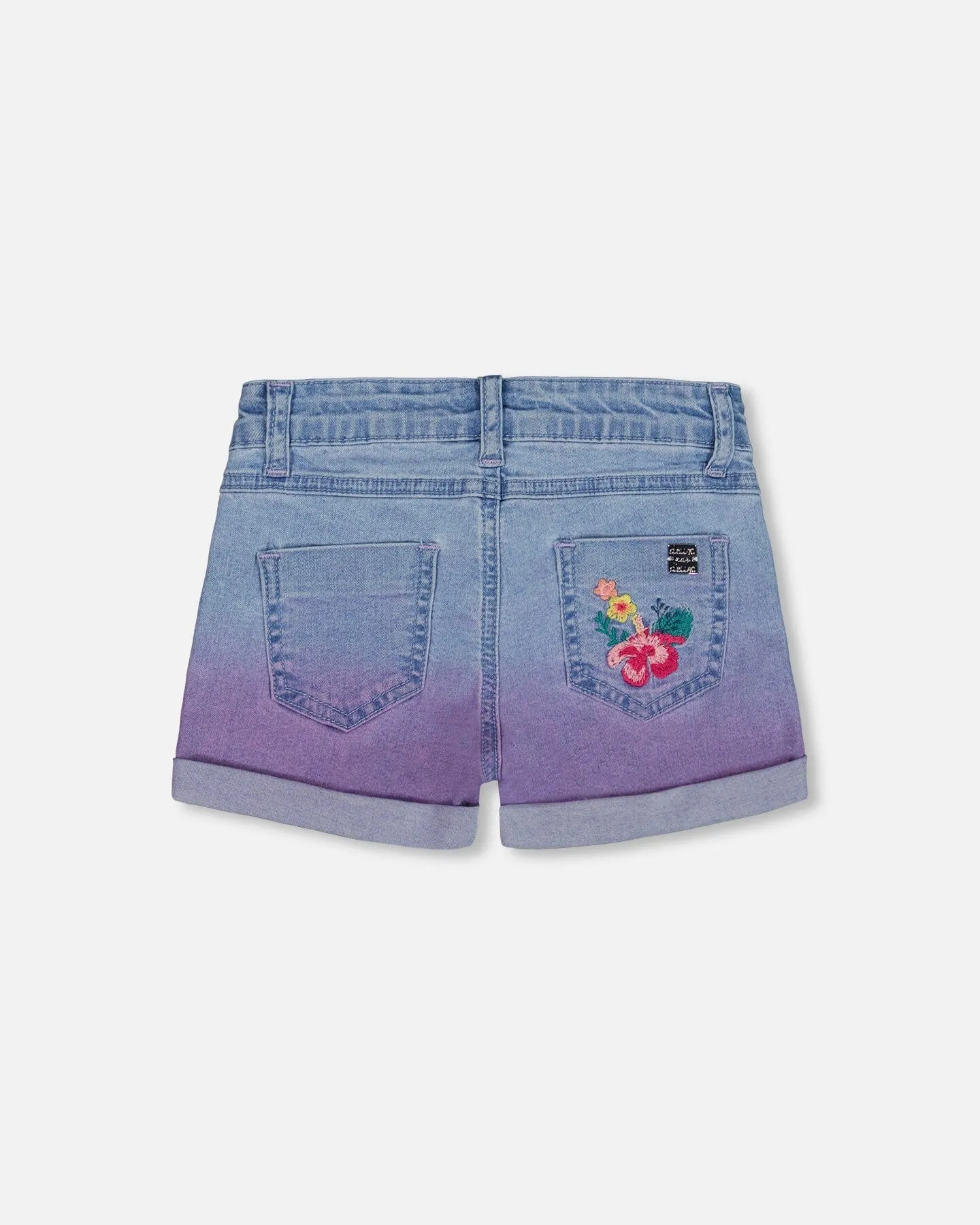 Cuffed Denim Shorts With Embroidery Floral Jeans Blue