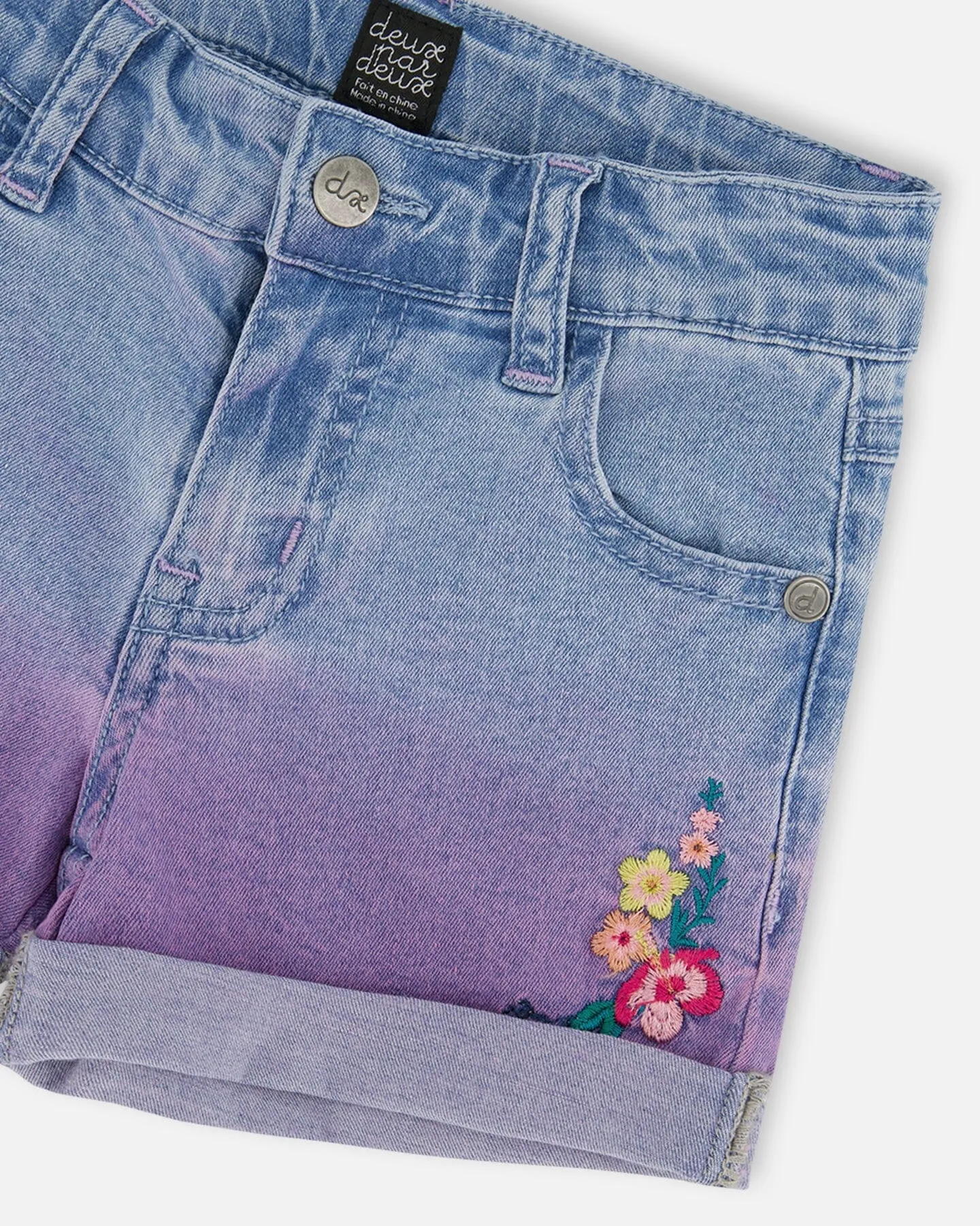 Cuffed Denim Shorts With Embroidery Floral Jeans Blue