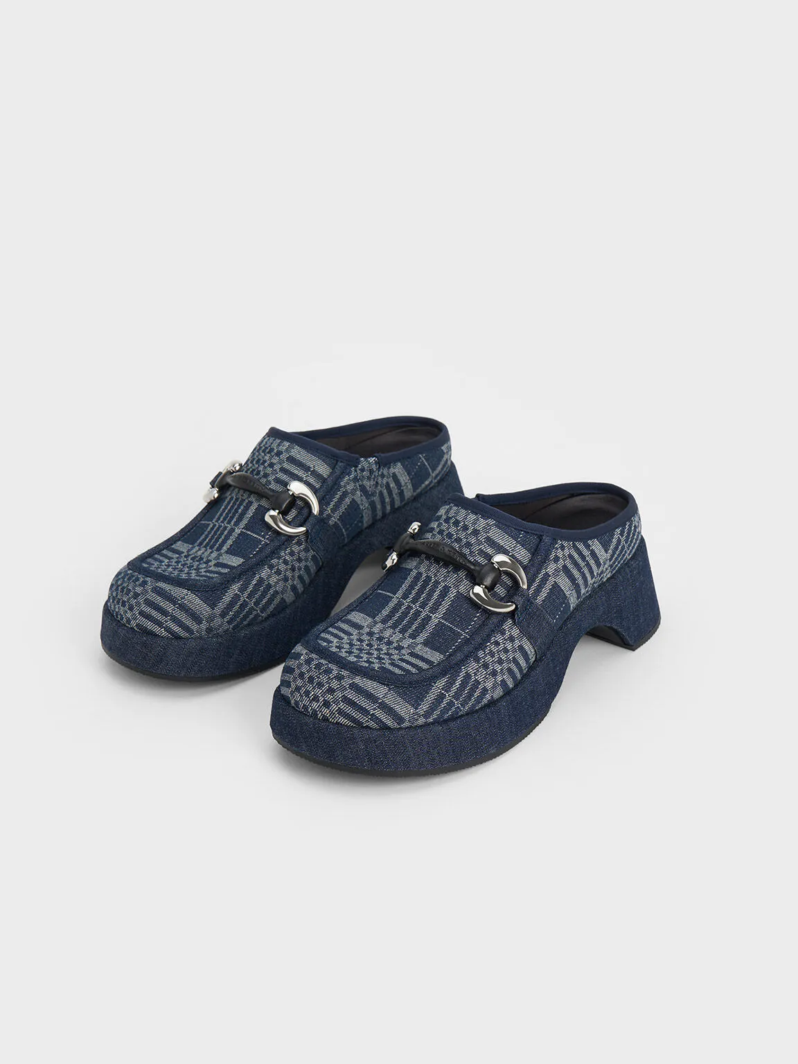 Denim Plaid Metallic Accent Platform Mules - Dark Blue