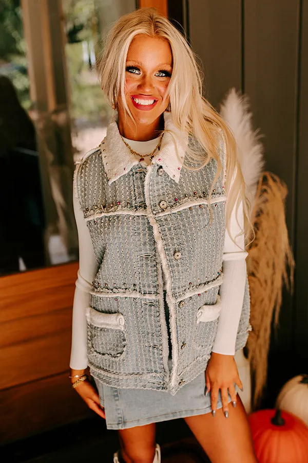Denver Dreams Pearl Embellished Denim Vest in Light Wash