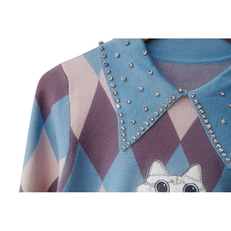 Diamond embroidered cat high-end high-waisted pullover sweater for women in autumn and winter warm rhombus pattern bottoming swe