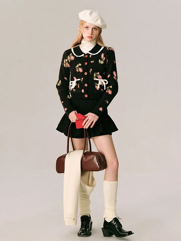 Doll Neck Rose Jacquard Knitted Cardigan