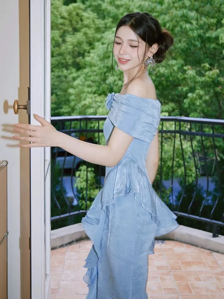 dollytang Duojia low saturated blue ~ one-line shoulder bag hip dress ruffles show figure light dress
