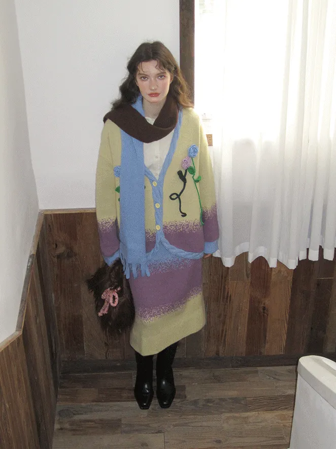 Embroidery Flower-Motif Vintage Retro Gradation Cardigan&Long-Skirt