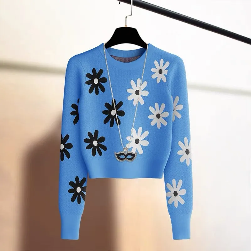 European fashion floral high-end knitted sweater with bottoming slimming high waist warm top sweater for women autumn and winter