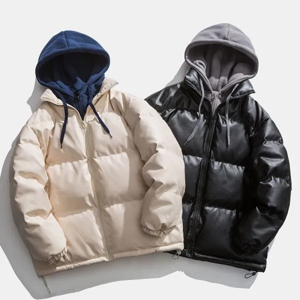 Faux leather windproof hooded puffer jacket for men