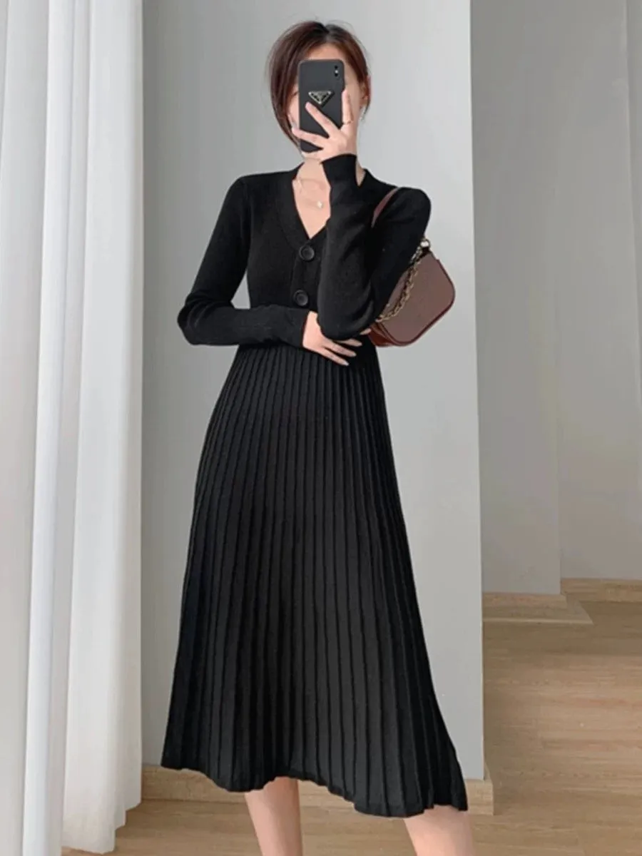 French black V-neck knitted dress for women in autumn and winter, waist slimming, mid-length, temperament, knee-high inner sweat