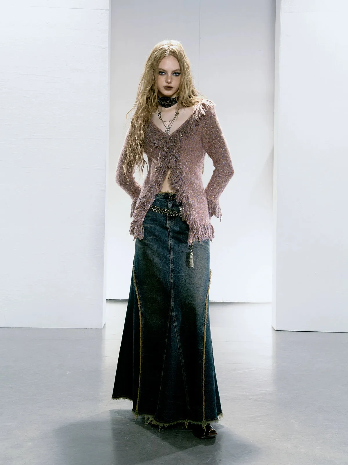 Fringed V-Neck Knitted Cardigan