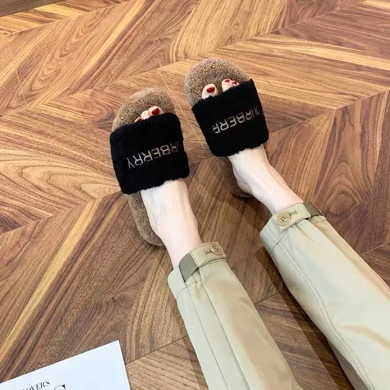 Fur shoes women's winter outer wear 2023 new fashion lamb wool comfortable and versatile thick bottom one-shaped letter trendy d