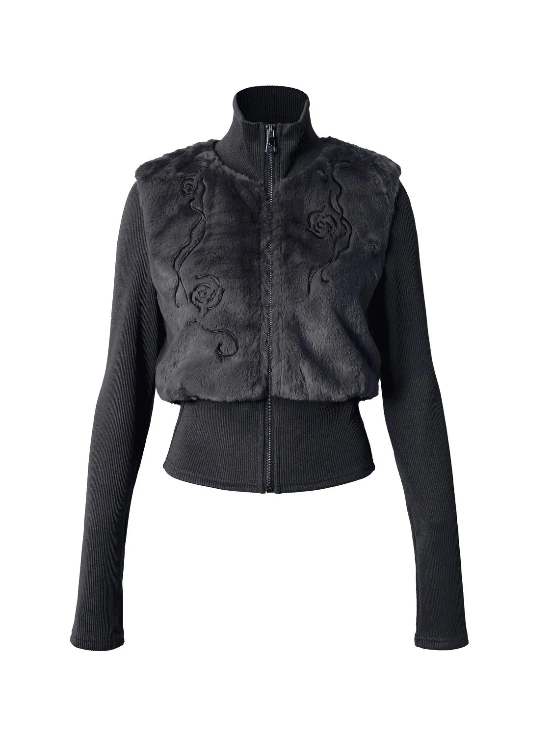 Fur Stitching Flower Vine Zipper High Neck Jacket