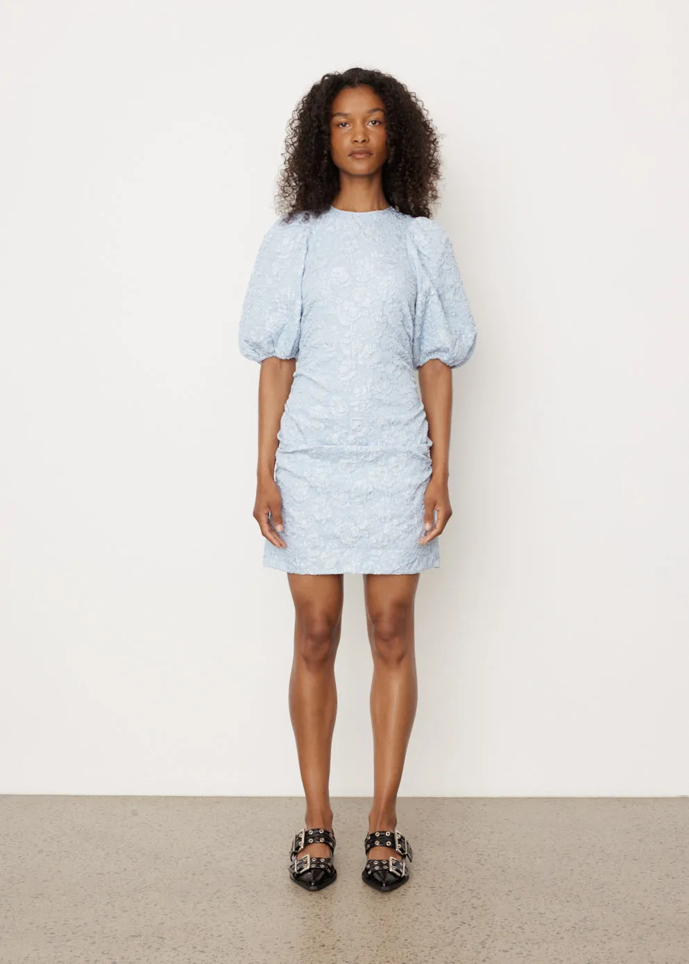 Ganni -  Stretch Jacquard Puff Sleeves Mini Dress - Dress