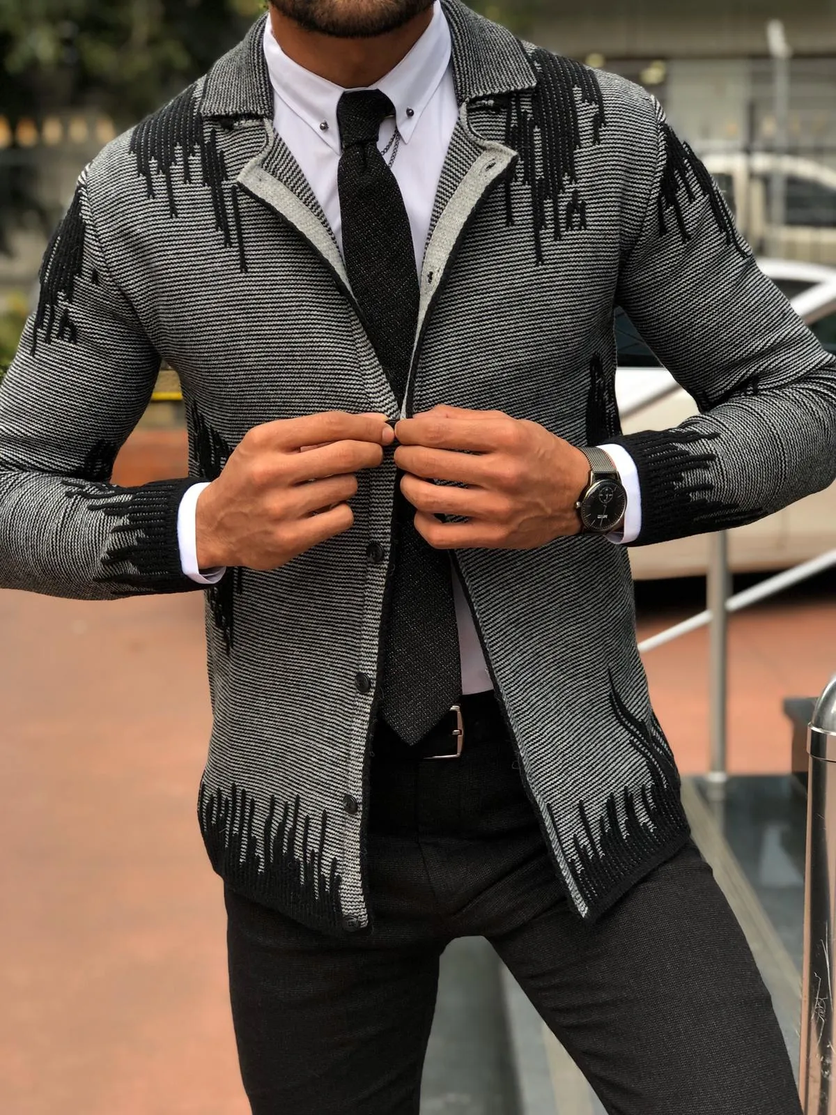 Gerry Slim-Fit Patterned Knitwear Cardigan Black