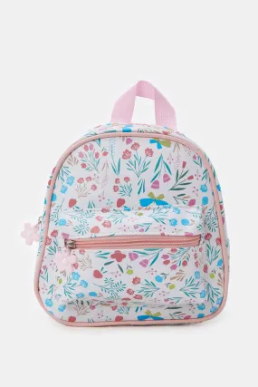 Girls White And Pink Printed Backpack