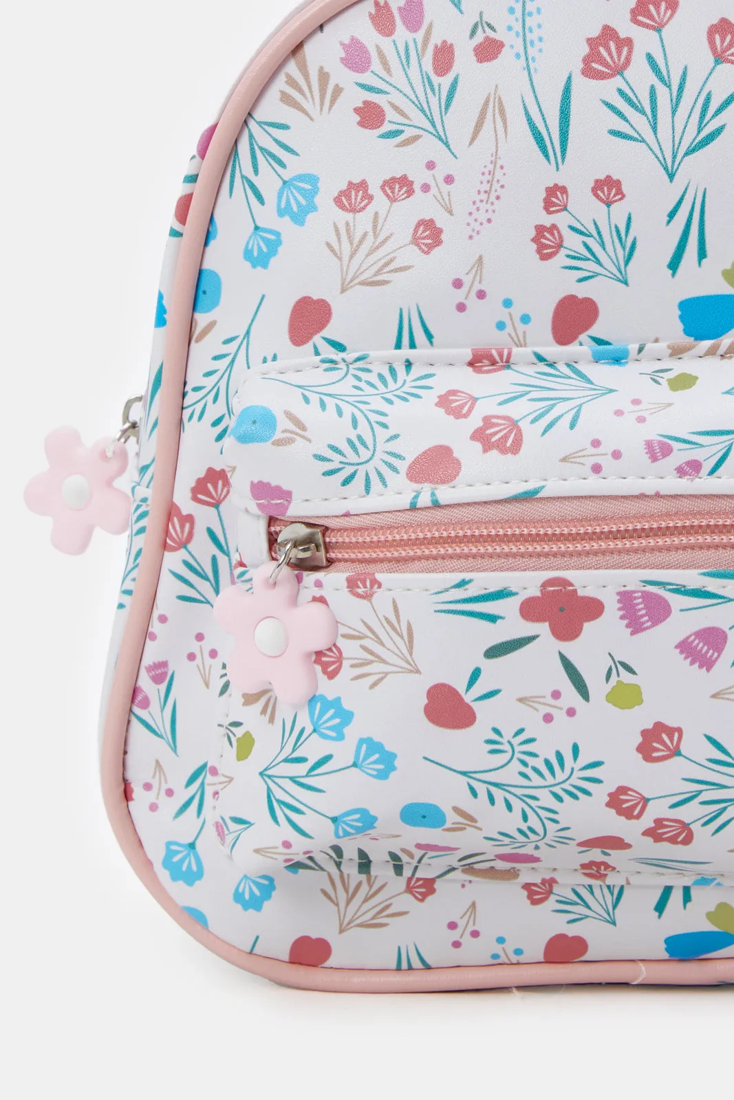 Girls White And Pink Printed Backpack