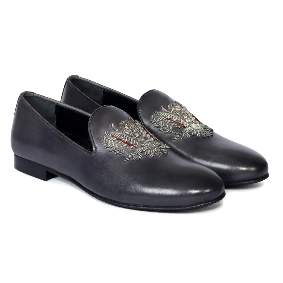 Grey Genuine Leather Slip-On Shoes with Crown Eagle Crest Zardosi For Men By Brune & Bareskin