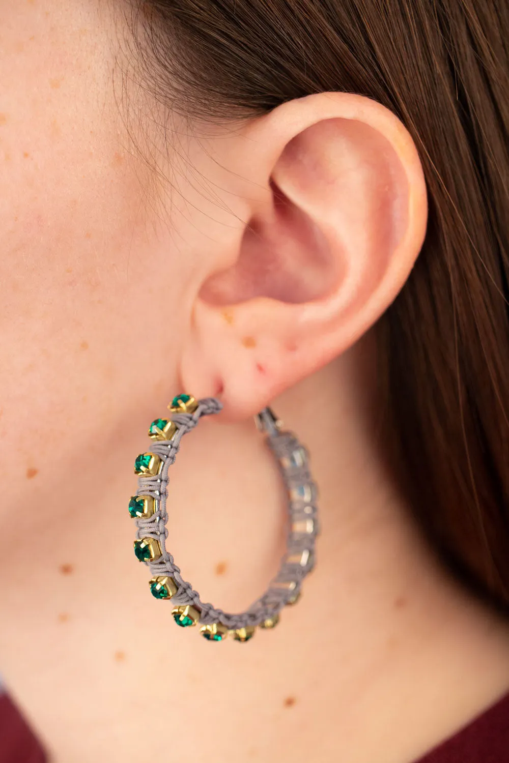 GT/Grey Thread Green Crystal Hoop Earrings