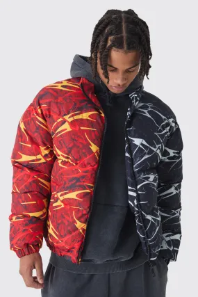 Half And Half Printed Funnel Neck Puffer Jacket In Red