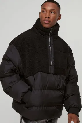 Half Zip Borg And Nylon Funnel Neck Puffer Jacket In Black