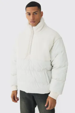 Half Zip Borg And Nylon Funnel Neck Puffer Jacket In Ecru