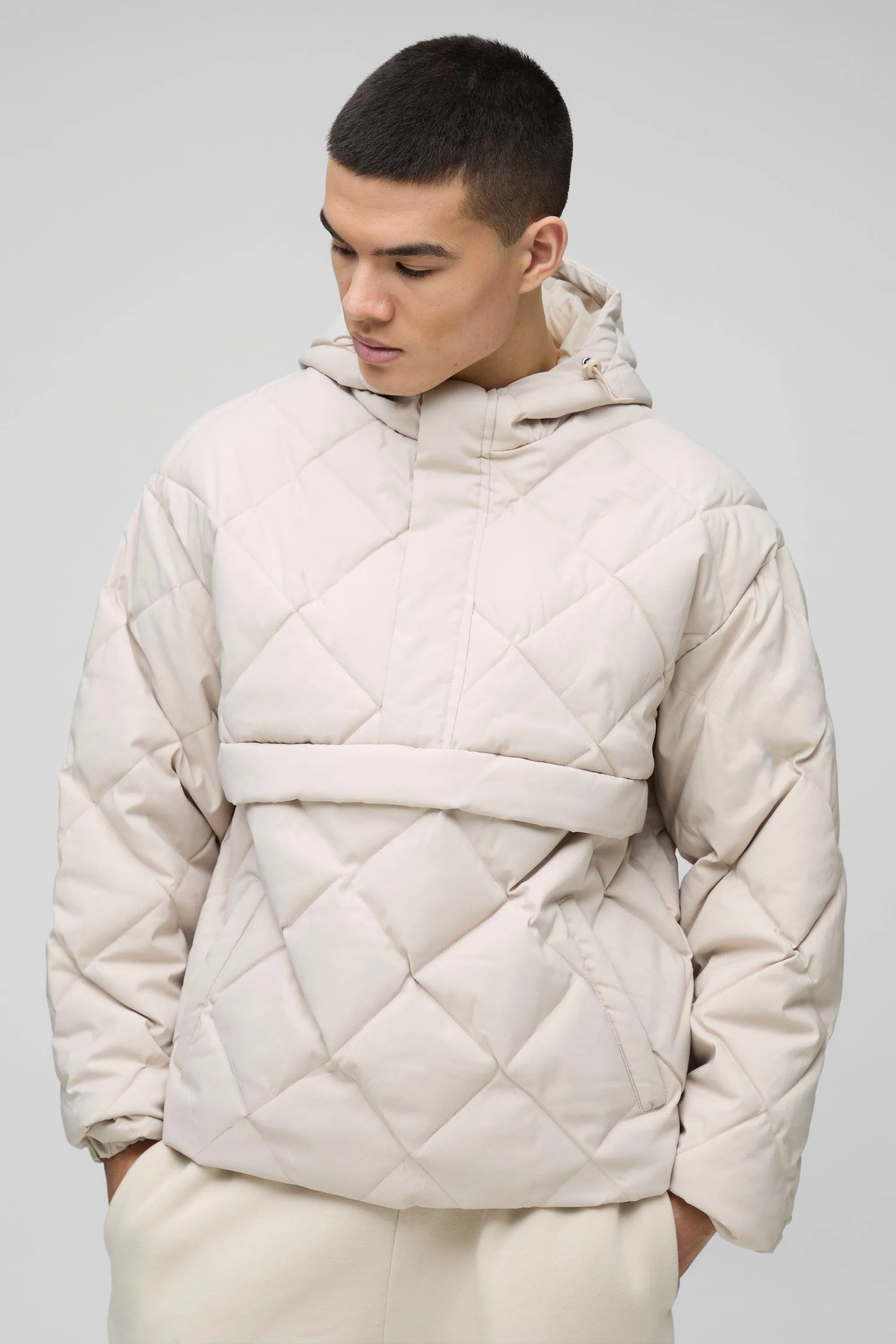 Half Zip Hooded Quilted Puffer Jacket In Stone