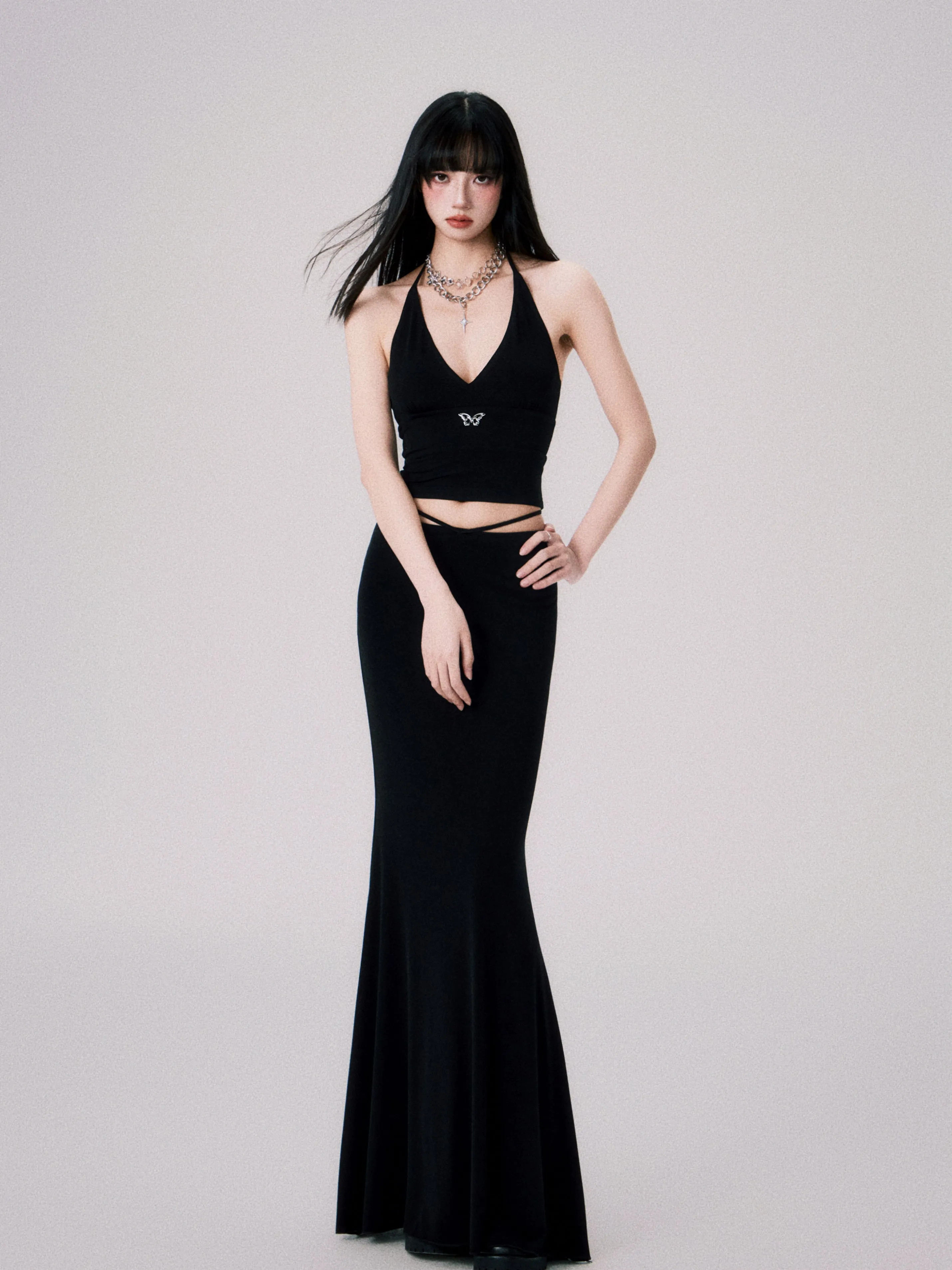 Halter-Neck Slim Fit Camisole Vest ＆ Long Mermaid Skirt