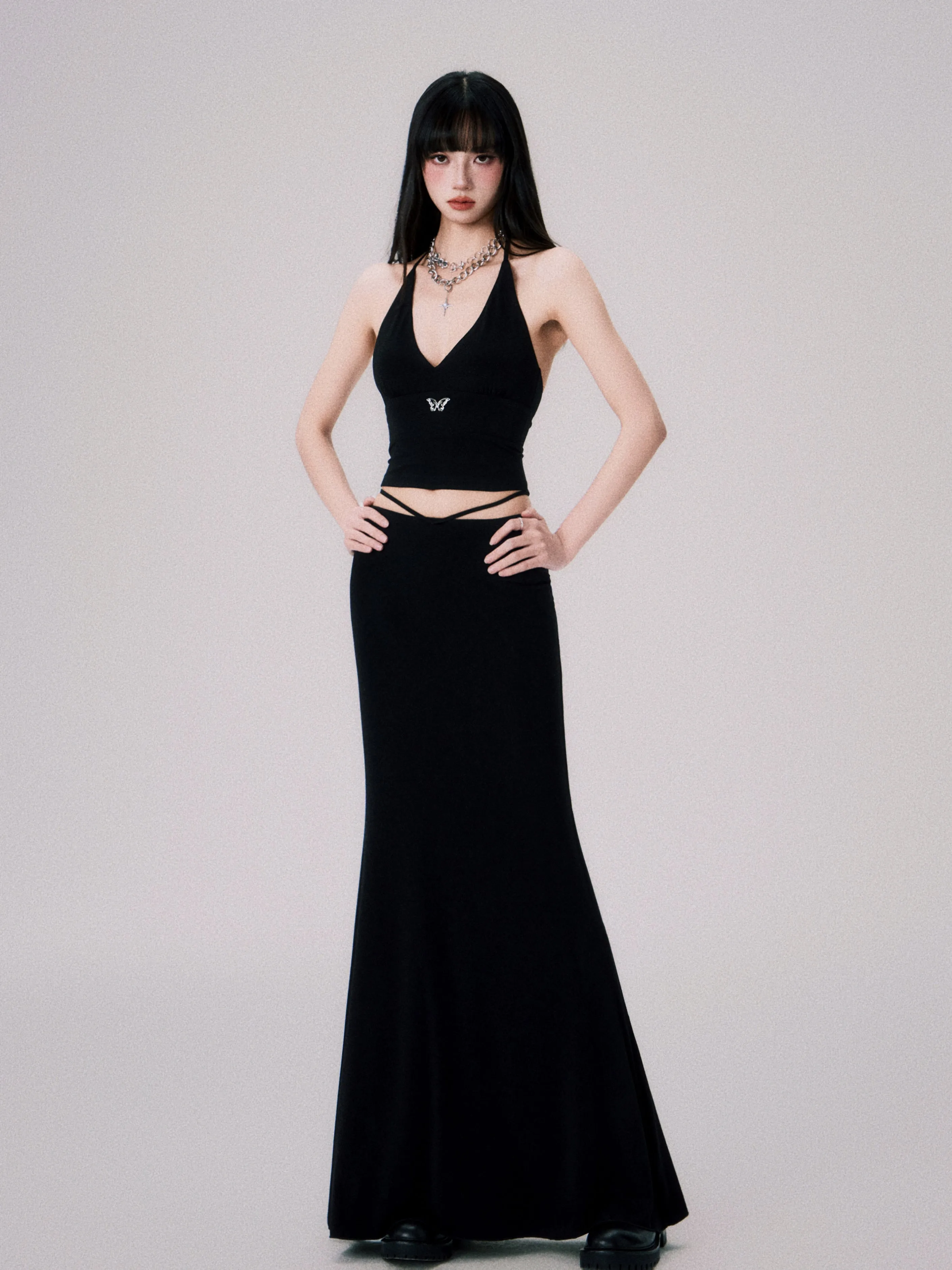 Halter-Neck Slim Fit Camisole Vest ＆ Long Mermaid Skirt