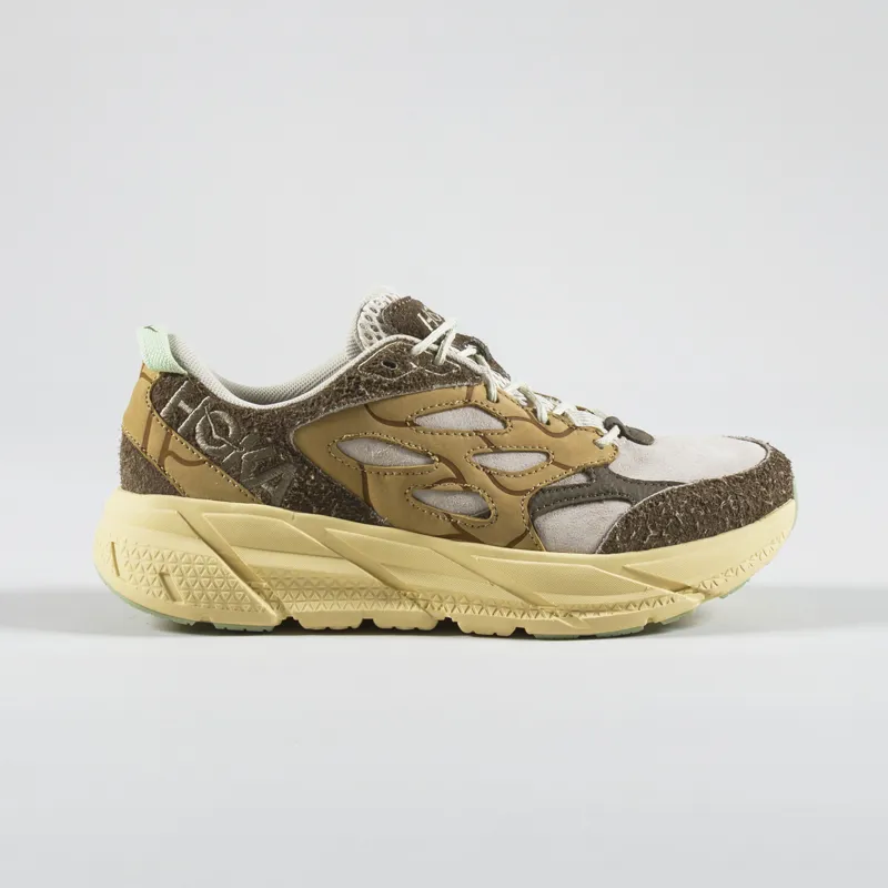 HOKA Elite Terrain System Clifton L Suede Shoe Oat Milk Pollen