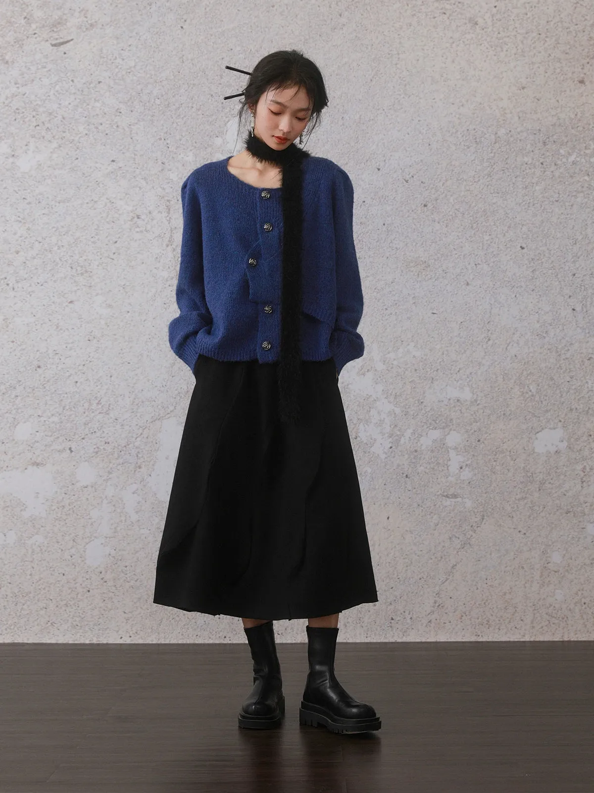 Irregular Button Round Neck Knitted Cardigan